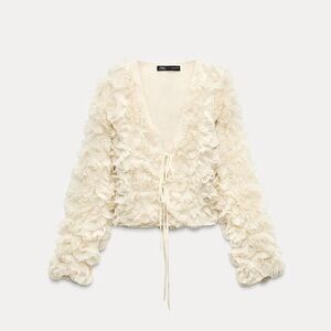 NWT Zara Floral Appliqué Top in Beige-Pink -